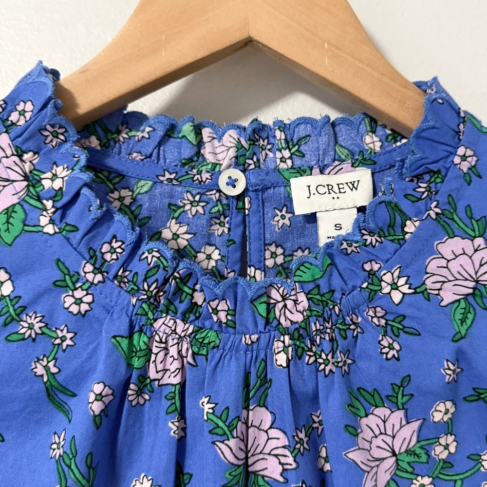 J.Crew Womens Blue Floral Ruffle High‎ Neck Flutter Sleeve Blouse Top Size S - Picture 2 of 16